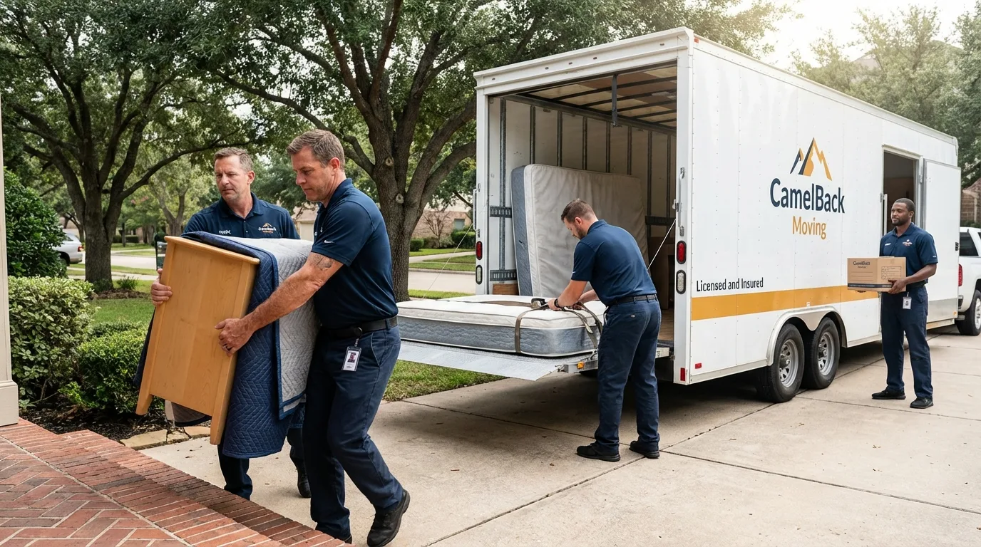 Crew loading residential truck for cross-state move from Cedar Park, TX