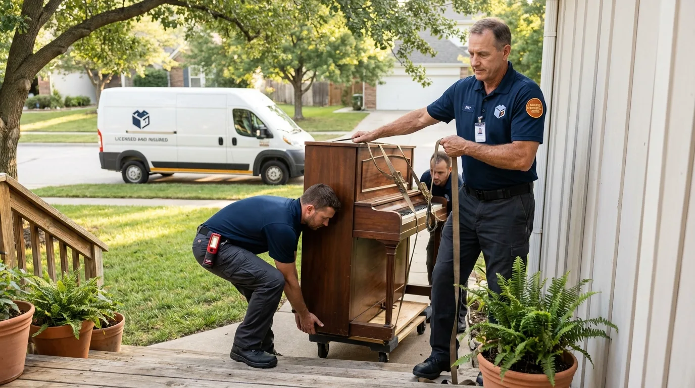 Licensed piano movers securing grand piano in Cedar Park, TX