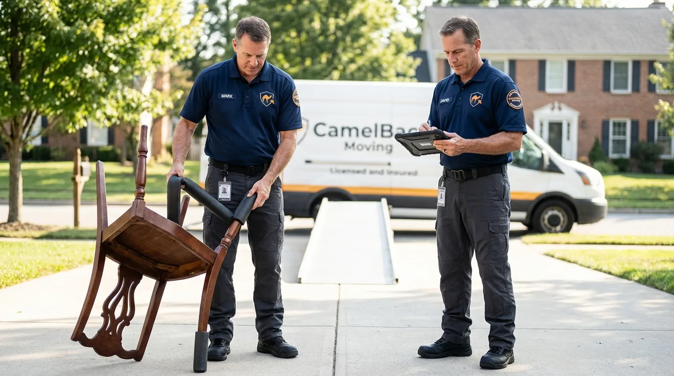 Movers inspecting furniture for damage prevention before loading in Cedar Park, TX